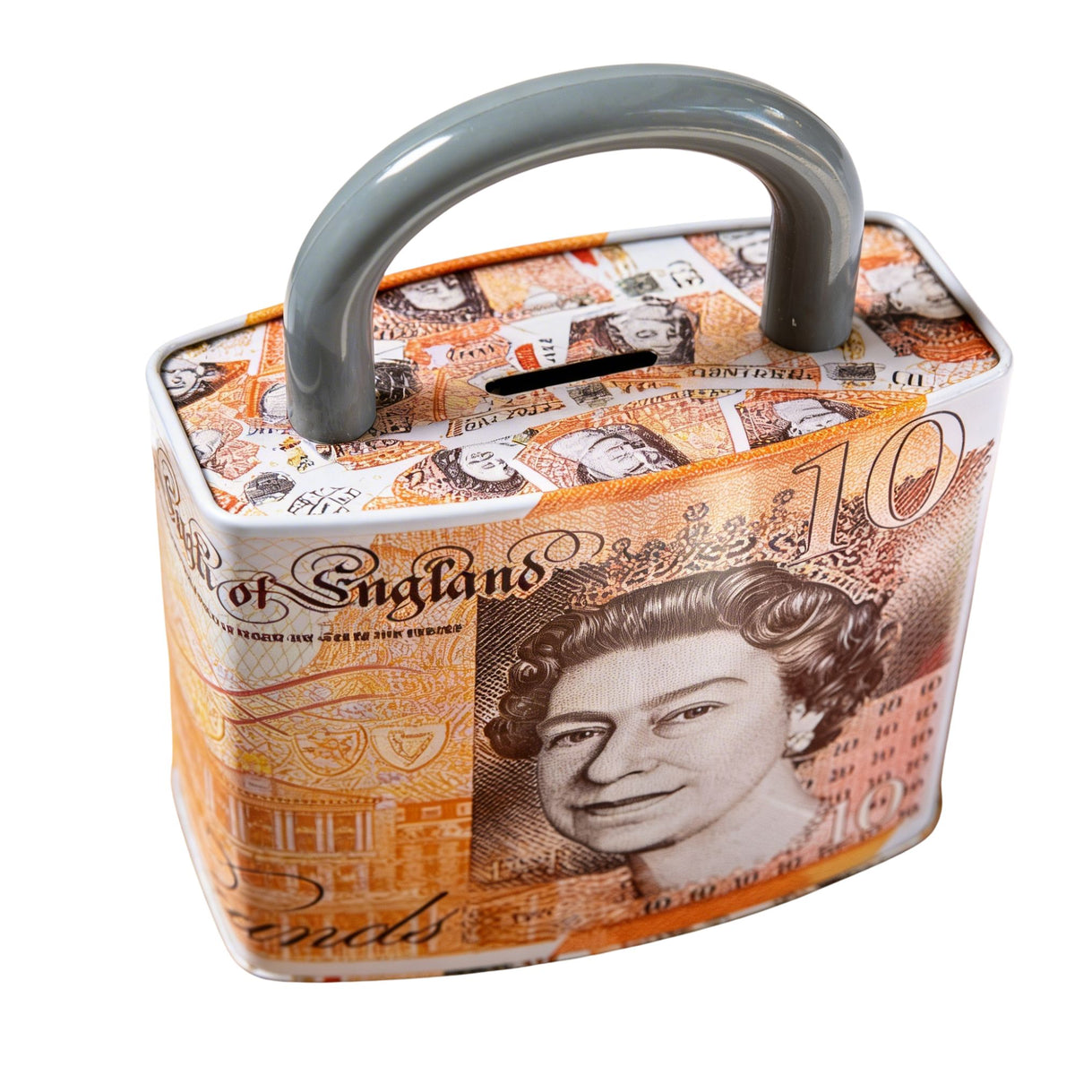 Queen Elizabeth Pound Note Reusable Coin Money Tin Box Padlock Shape with Handle Assorted Colours – 211g, 16.5 x 9.5 x 26.5cm, SKU PAD001A