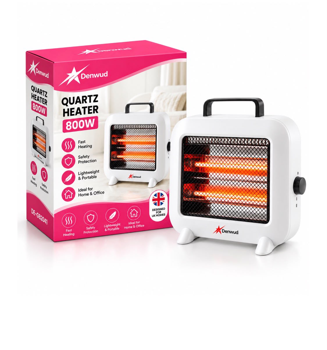 Denwud Quartz Heater – White, 2 Bar, 800W, Carry Handle SKU DEGB2041 / 2041
