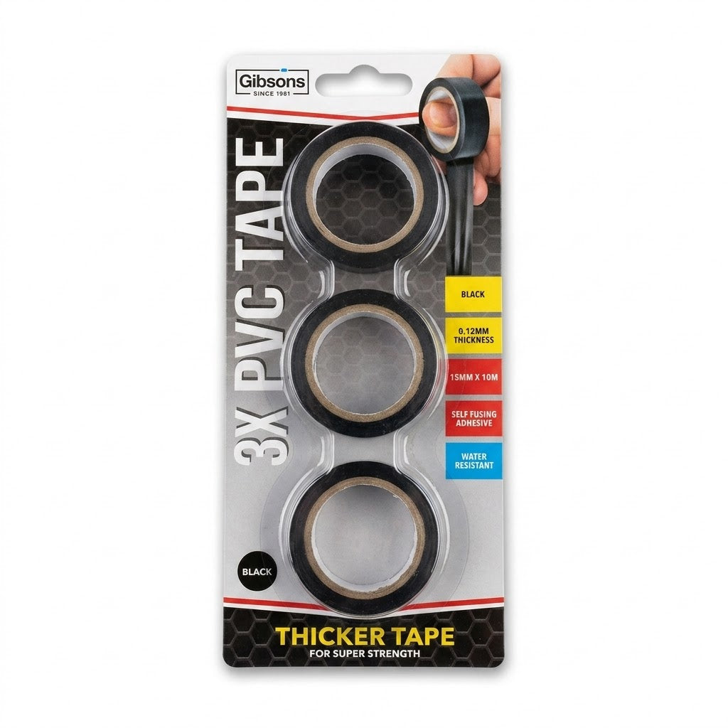3x PVC Tape Black Self-Fusing Adhesive 15mm x 10m 0.12mm Thickness SKU TPVBLK