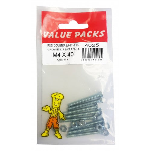 M4 X 40 Pozi Csk Machine Screws & Nuts 0402 (Large Letter Rate)
