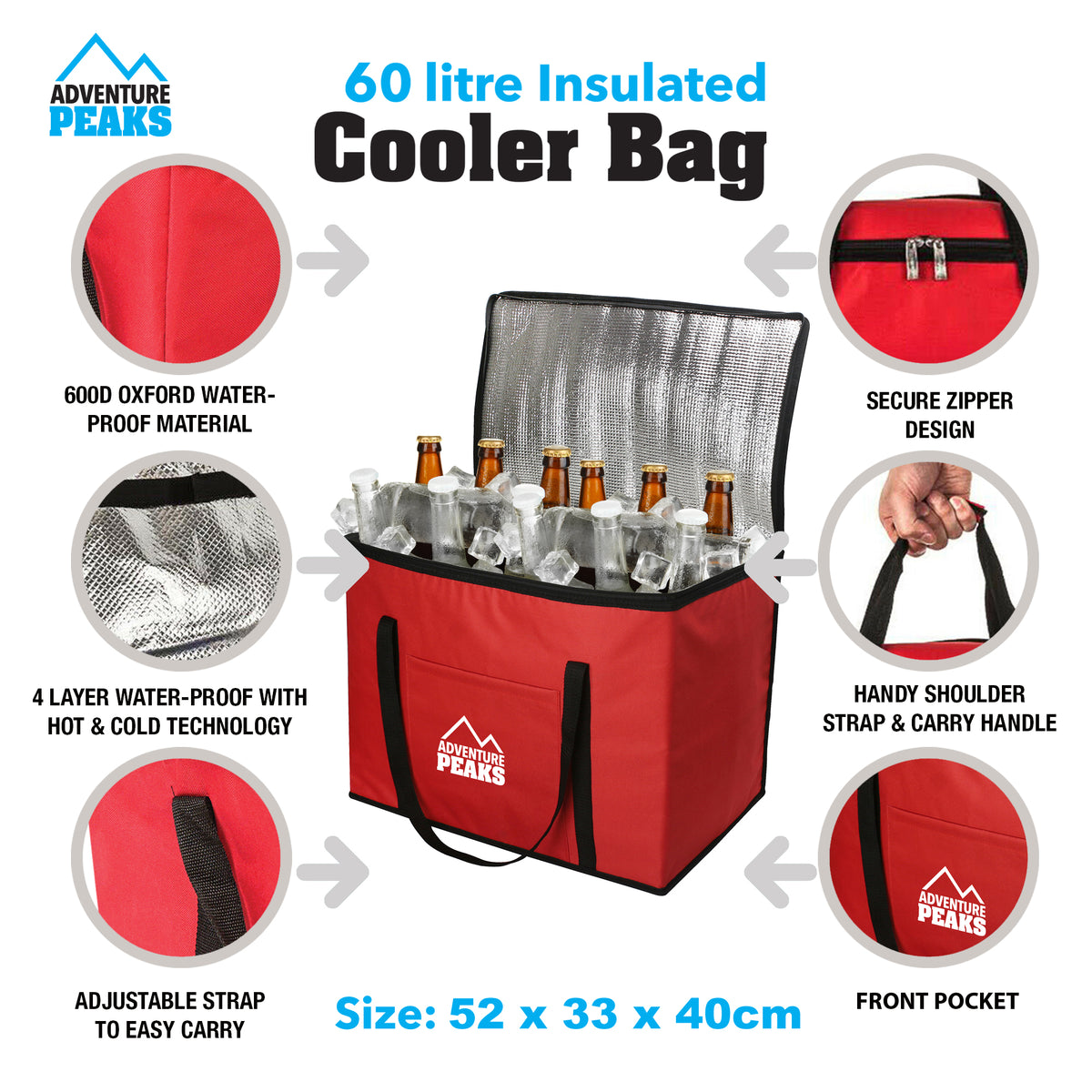 Insulated Camping Cooler Bag 60L 52 x 33 x 40cm Red 6632