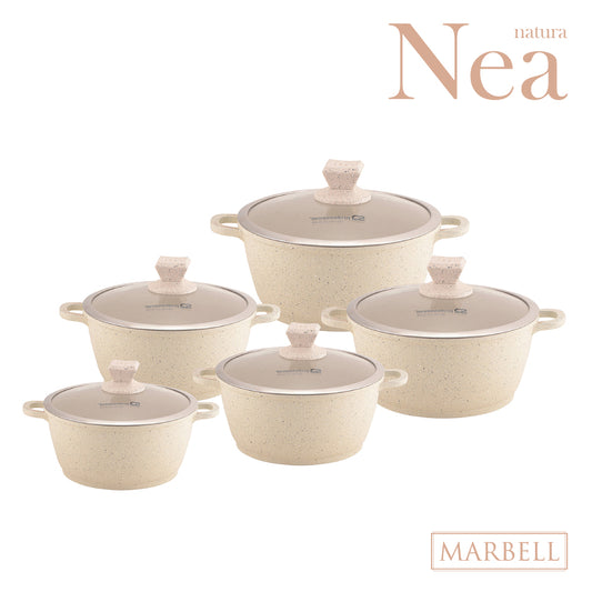 SQ Professional Nea Marbell Effect Diecast Stockpot Set of 5 Natura Cream 6757 (Big Parcel Rate)