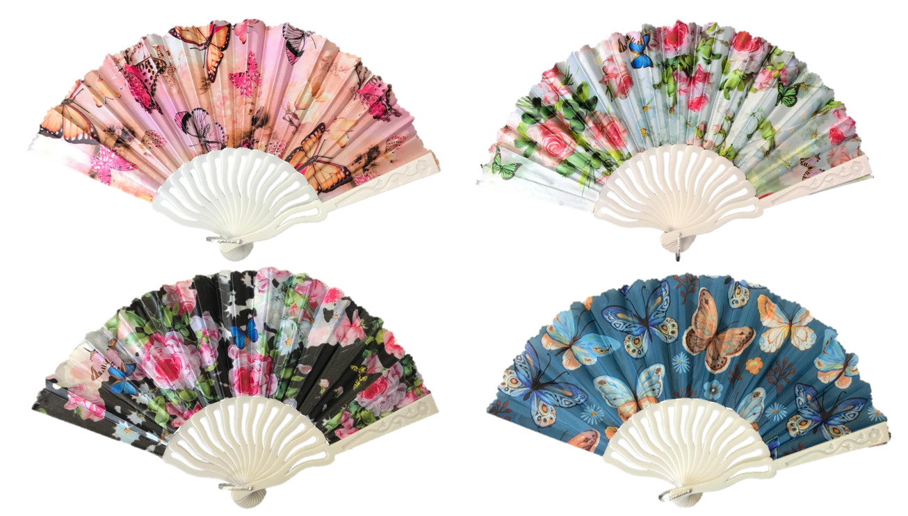 Plastic Chinese Folding Hand Fan Butterfly Floral Design 23 x 38 cm Assorted Colours 7349