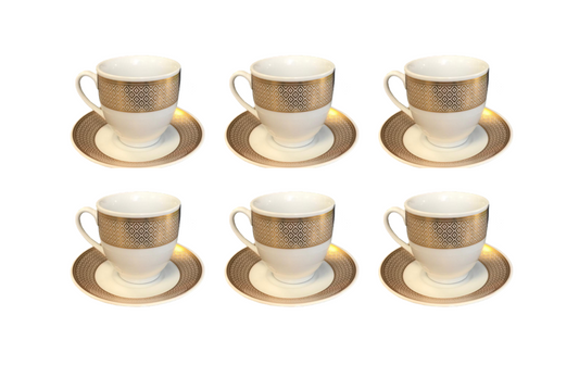 Coffee Tea Cup Set with Saucers Set of 12 Gold / White Assorted Designs 7518 (Parcel Plus Rate)