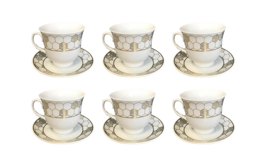 Coffee Tea Cup Set with Saucers Set of 12 Gold / White Assorted Designs 7528 (Parcel Plus Rate)
