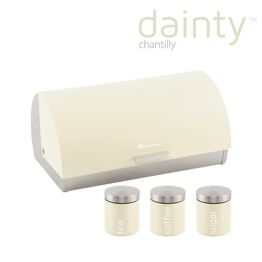 SQ Professional Dainty Metal Bread Bin with 3 Canisters Chantilly Cream 7664 (Big Parcel Rate)