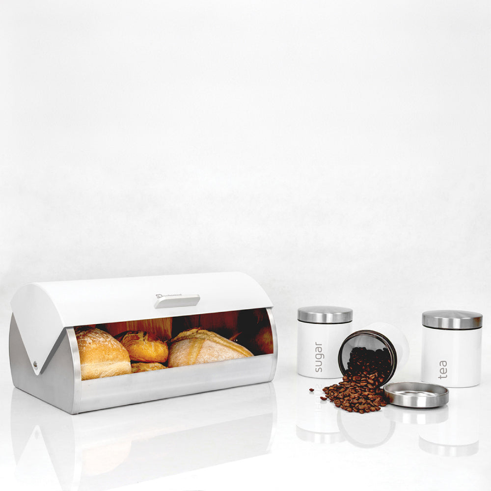 SQ Professional Dainty Metal Bread Bin with 3 Canisters Silk White 7665