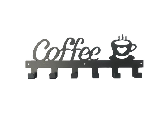 Metal Coat / Mug 6 Hook Hanger Rack with Coffee Cup Design 40cm Black 7850 (Parcel Rate)