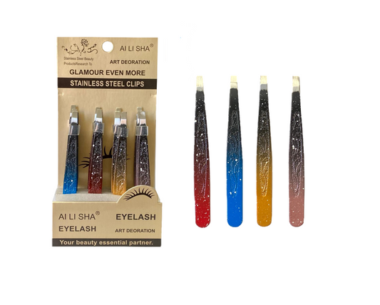 Stainless Steel Eyebrow Tweezers 9.5cm Box of 12 Assorted Colours 7854 (Parcel Rate)