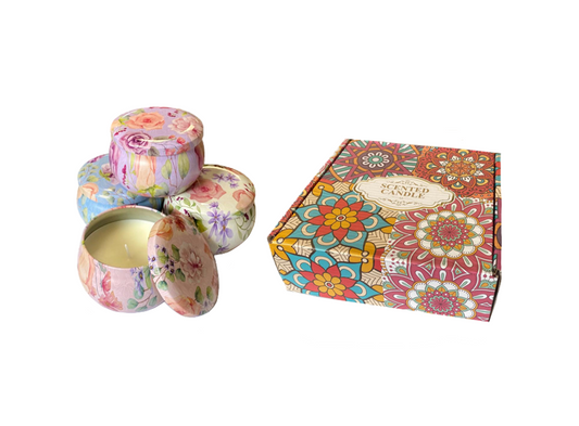 Scented Candle in Metal Jar with Floral Print 7 x 4.5cm in Gift Box of 4 Assorted Designs 7889 (Parcel Rate)