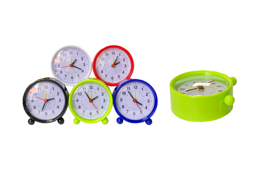 Round Plastic Analogue Alarm Clock 8 x 3.3cm Assorted Colours 7940 (Parcel Rate)