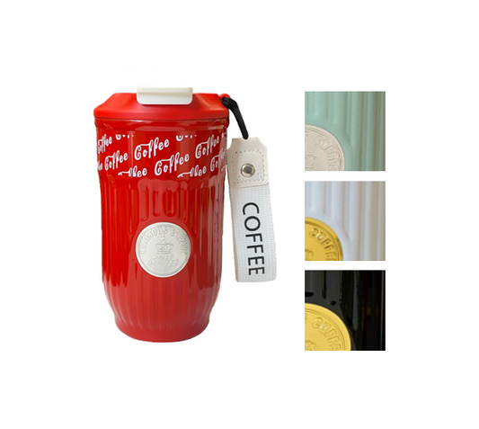 Stainless Steel Coffee Travel Thermos Cup Tumbler with Retro Ribbed Design and Strap 420ml Assorted Colours 7951 (Parcel Rate)