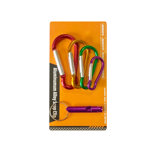 Aluminium Hiking Keychain Carabiner Clip Hook and Whistle Set of 5 Assorted Colours 7975 (Large Letter Rate)