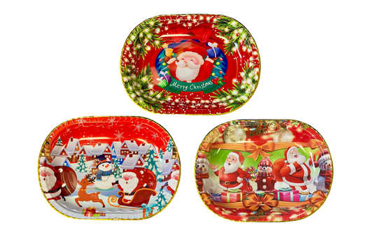 Plastic Festive Christmas Serving Tray with Printed Design and Gold Rim 35.5 x 27 x 4cm Assorted Designs 8026 (Parcel Rate)