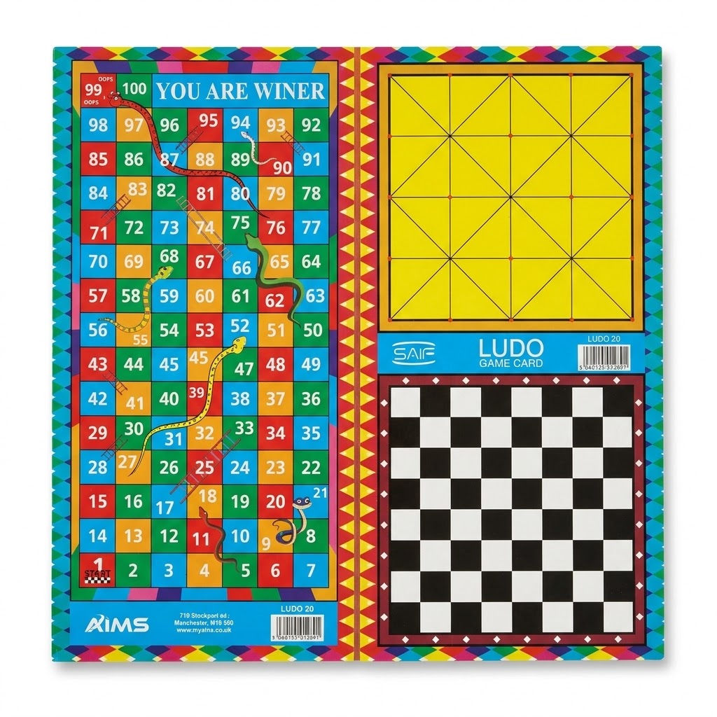 All-In-One Board Game Set – Ludo, Chess, Snakes & Ladders, Alquerque – Double-Sided Design, 920g, SKU-LUDO24