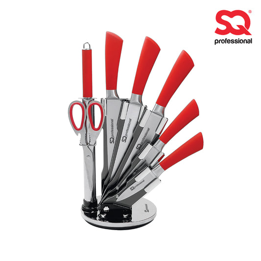 SQ Professional Stainless Steel Kitchen Knife Set of 8 Red 8741 (Parcel Rate)