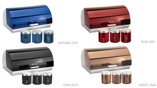 SQ Professional Gems Metal Bread Bin with 3 Canisters Assorted Colours 9895 (Big Parcel Rate)