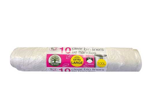Extra Large Clear Pedal Bin Bag Liners with Tie Handles 100L 110 x 160 cm Roll of 10 B0558 (Parcel Rate)