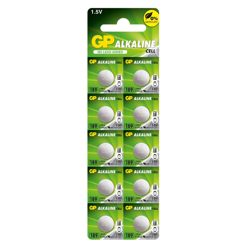 GP Alkaline Cell Batteries 10 Pack 1.5v AG10 / V10GA - LR54 - LR1130 GPLR54 (Large Letter Rate)