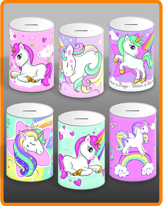 Unicorn Money Tin 145mm x 110mm Assorted Designs UNI001 (Parcel Rate)