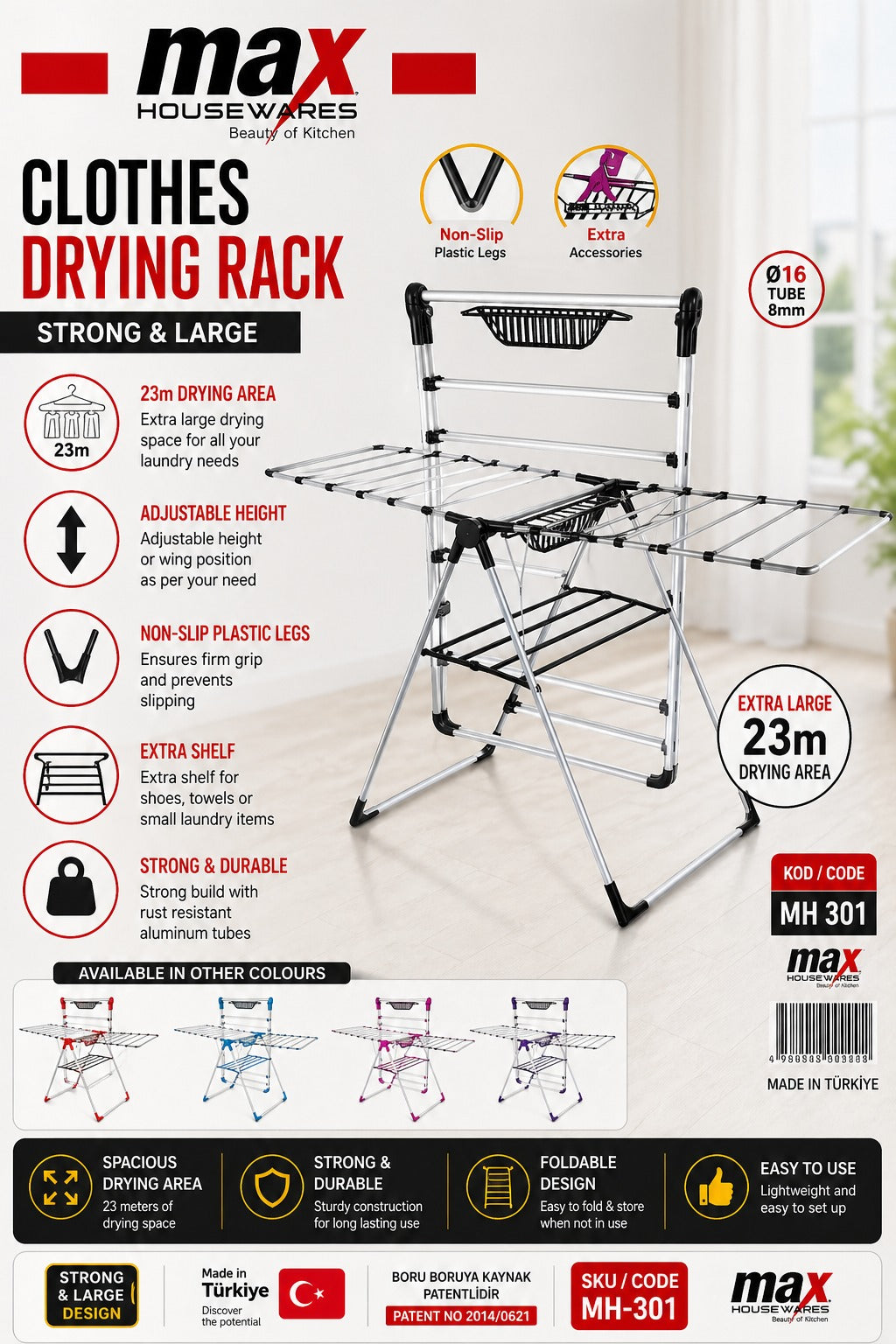 Cloth Dryer 18M x 6 Expandable Drying Rack – Rust-Resistant Aluminium, Foldable Design, SKU MH-301