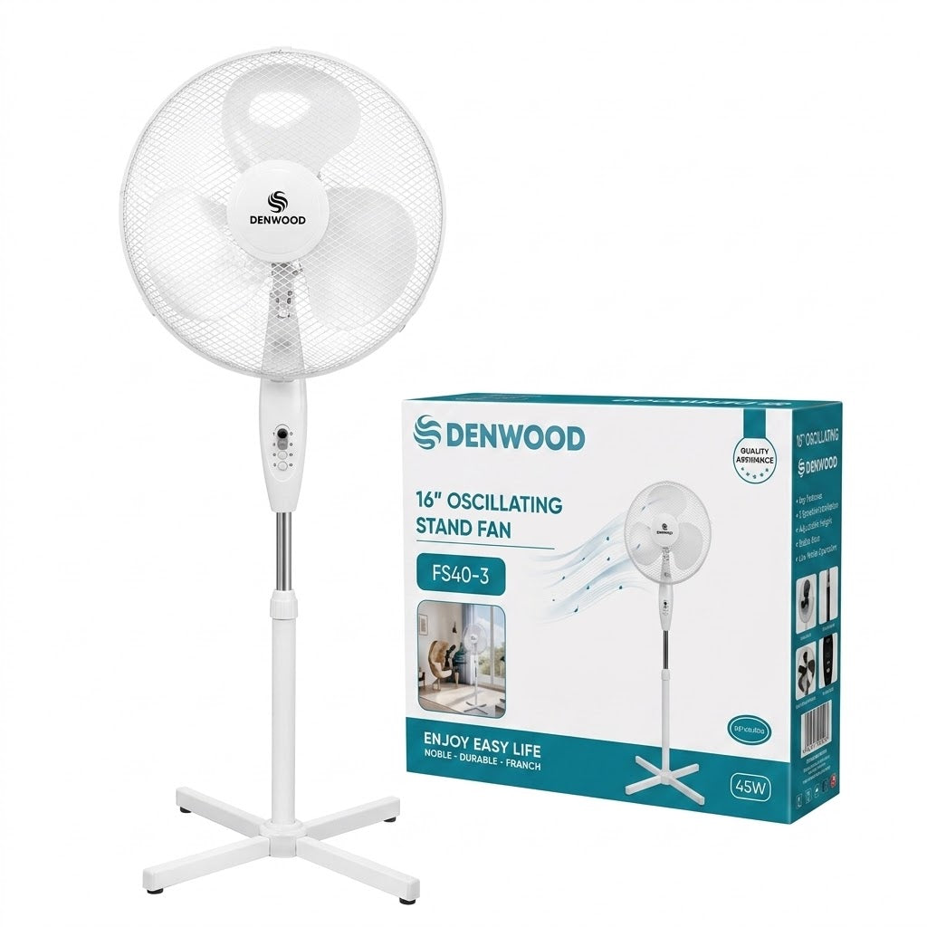 DENWOOD 16 Inch Oscillating Stand Fan – 45W Pedestal with 3 Speed Settings, Adjustable Height & Wide Angle Oscillation – Model FS40-3