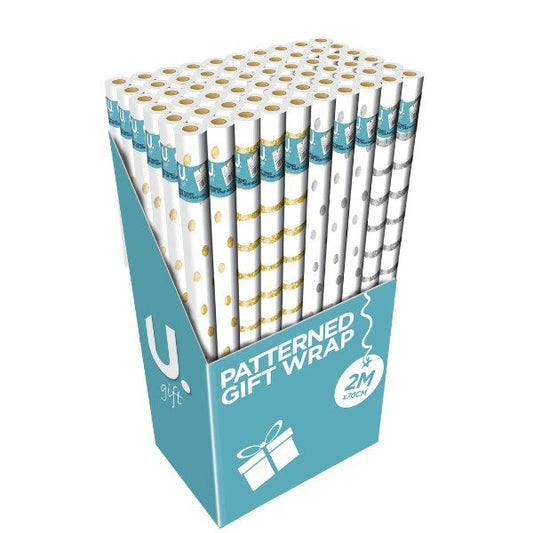 Gold / Silver Patterned Gift Wrapping Paper 2m x 70cm Assorted Designs P1914 (Parcel Rate)
