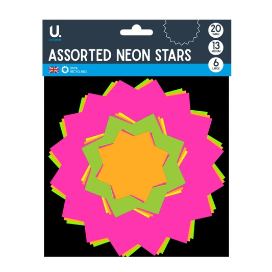 Assorted Paper Neon Coloured Stars Pack of 39 Assorted Sizes and Colours P2052 (Large Letter Rate)