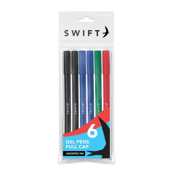 Pull Cap Gel Pens Pack of 6 Assorted Colours P3058 (Large Letter Rate)
