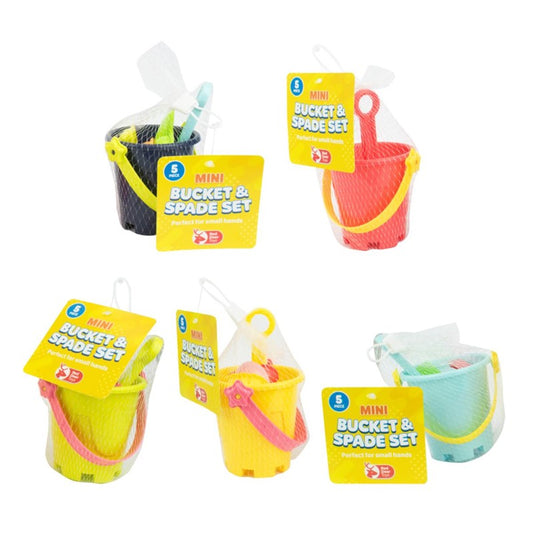 Children's Plastic Beach Mini Bucket and Sand Toy Accessories 9.5cm Set of 5 Assorted Colours 324303 (Parcel Rate)