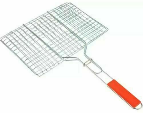 Metal Meat Fish Roasting BBQ Basket Grill with Wooden Handle 30 x 40 cm 5136