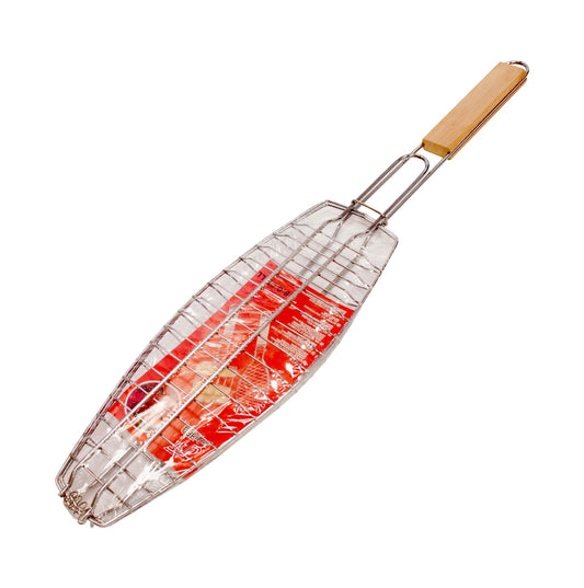 Metal Meat Fish Roasting BBQ Basket Grill with Wooden Handle 15 x 43 cm 1243 / 9997/7545 (Parcel Rate)