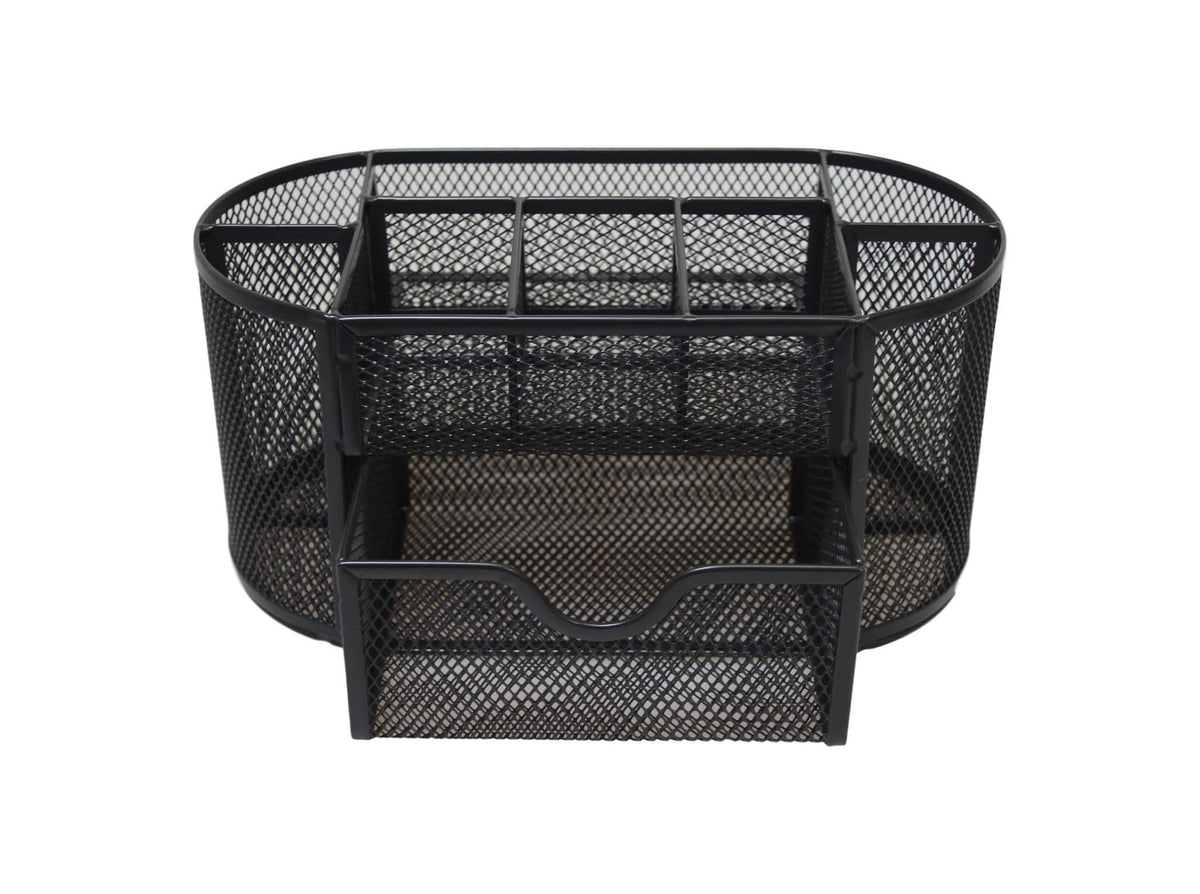 Black Metal Mesh Stationery Office Pen Holder with Drawer 22 x 11x 10.5cm 6124
