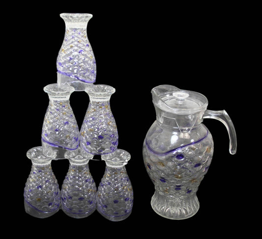 Glass Water Juice Serving Jug with Glasses Set of 7 Coloured Fish Scale Design Assorted Colours 6336 (Big Parcel Rate)