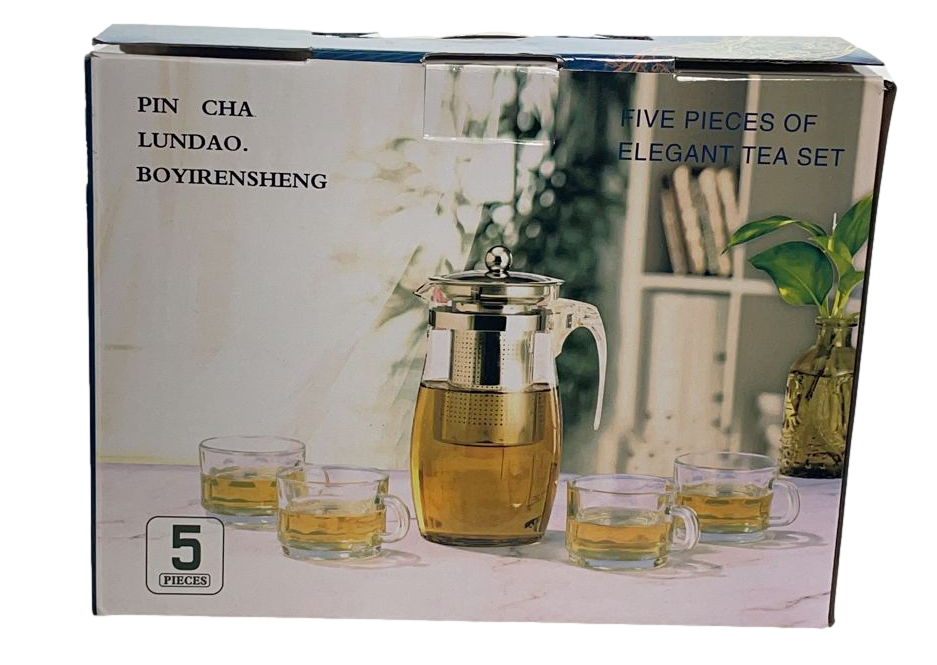 Elegant Glass Tea Pot with 4 Tea Cups Set of 5 Pieces 6661 (Parcel Plus Rate)