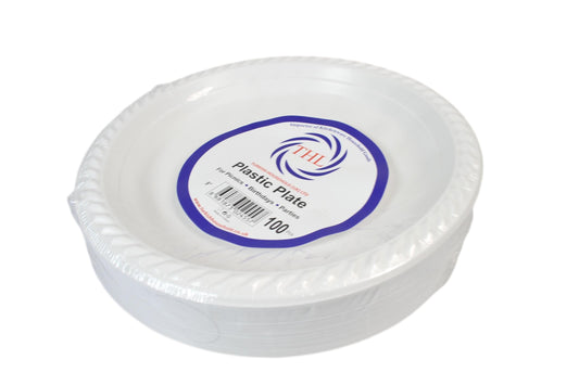 9" White Plastic Plates For Picnics Birthdays Parties Pack of 100 2455 (Parcel Rate)