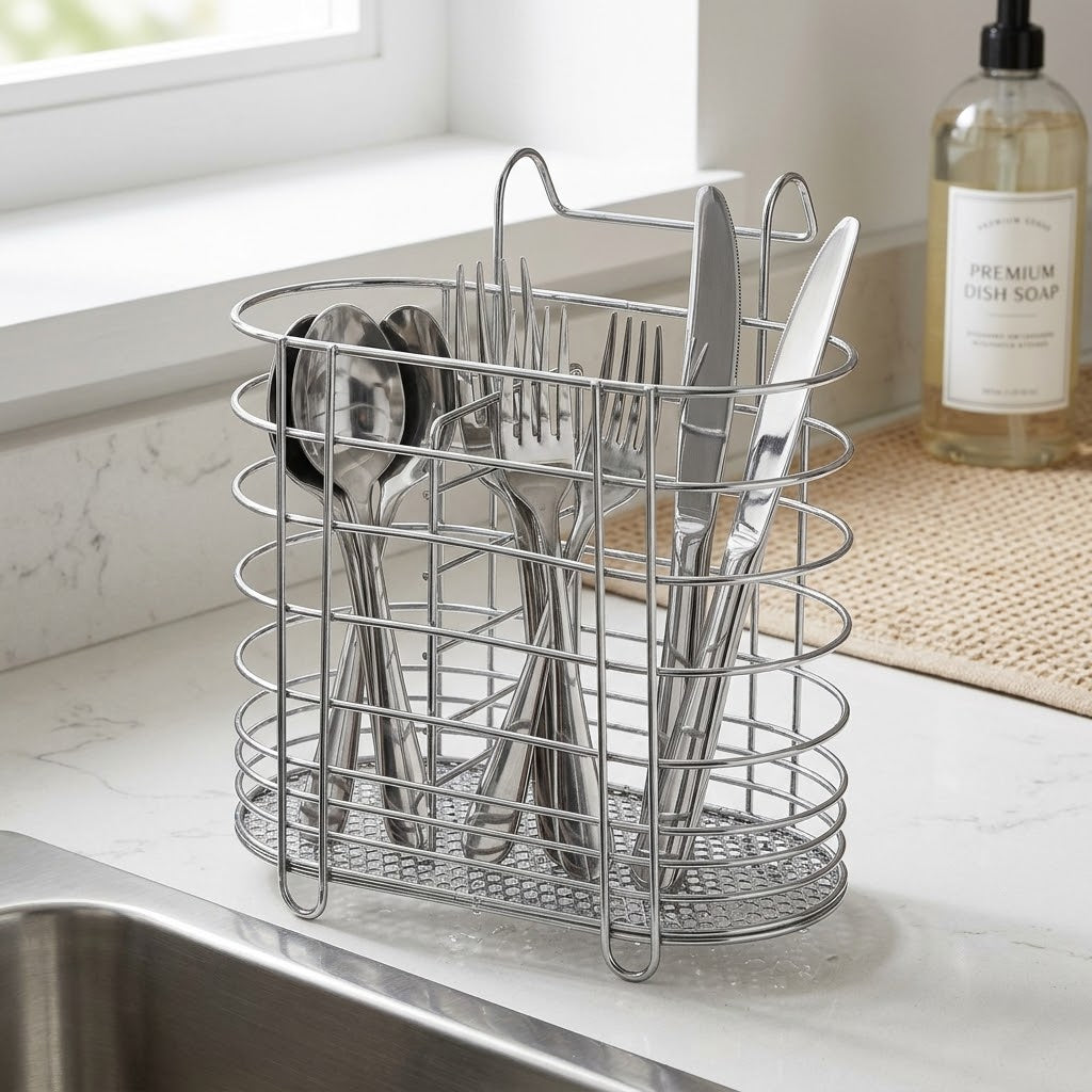 Metal Cutlery Holder Drainer Organiser with Hanging Hook 13 x 15 x 8 cm SKU 7408