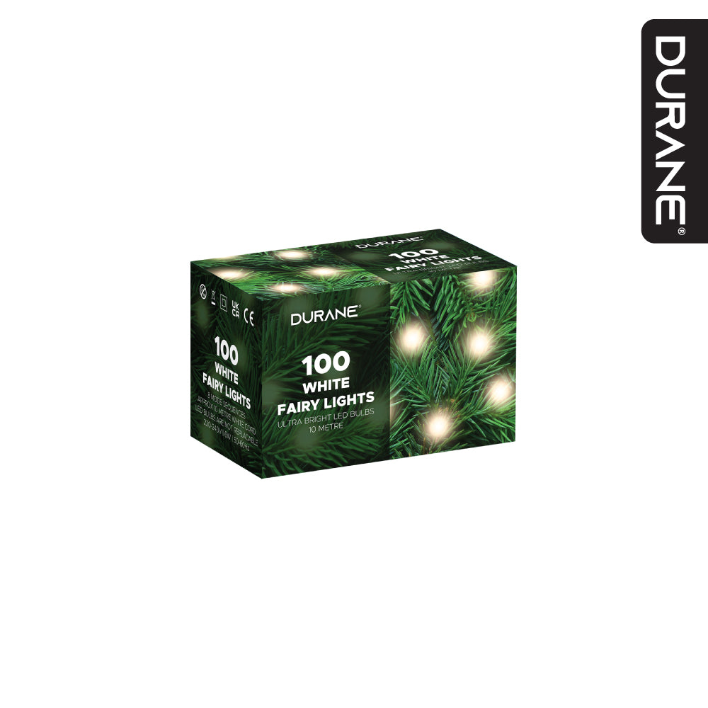 Durane LED Fairy Light String White Wire 10m 100 Bulbs White 10179 (Parcel Rate)