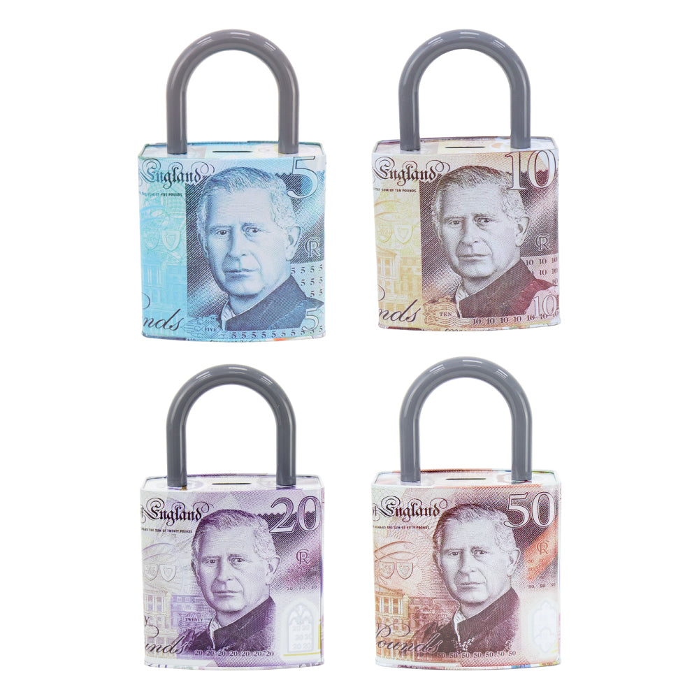 Queen Elizabeth Or King  Pound Note Reusable Coin Money Tin Box Padlock Shape with Handle 16.5 x 9.5 x 26.5cm Assorted Designs MTH 12095 (Parcel Rate)