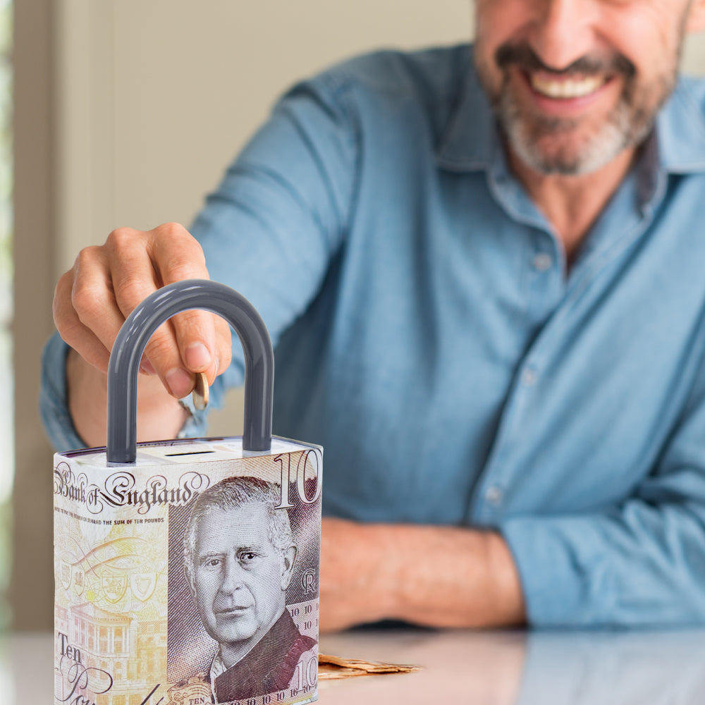 King Charles Pound Note Reusable Coin Money Tin Box Padlock Shape with Handle 16.5 x 9.5 x 26.5cm Assorted Designs  MTH 11890 (Parcel Rate)