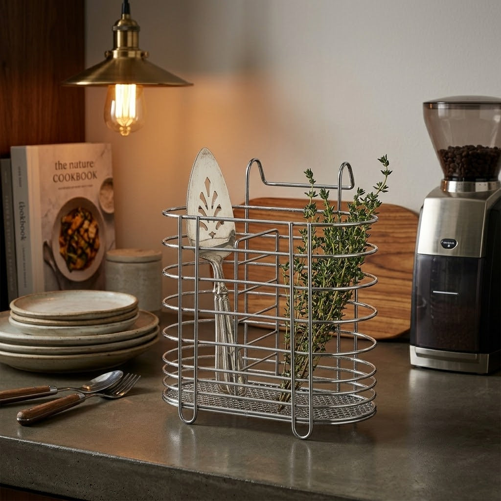 Metal Cutlery Holder Drainer Organiser with Hanging Hook 13 x 15 x 8 cm SKU 7408