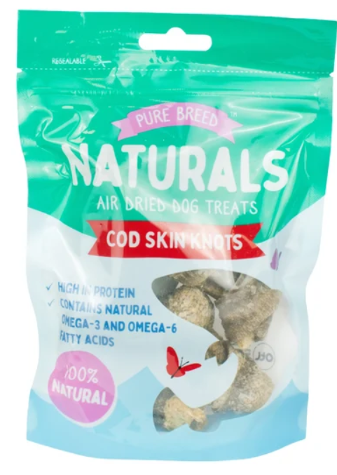 Air Dried Cod Skin Knots Dog Treats for Healthy Skin and Coat Support 100% Natural High in Protein Omega-3 and Omega-6 Resealable Pouch 45g SKU MW-5056683940572-PP