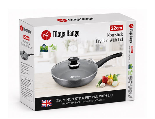 Maya Range Non-Stick Frying Pan with Lid – Black, 22 cm, 2.0 mm SKU MR1269