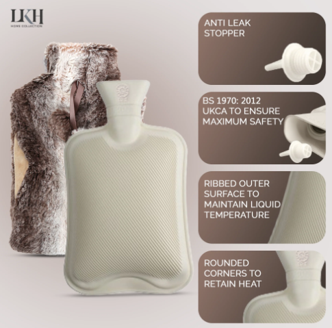 LKH Natural Rubber Hot Water Bottle with Faux Fur Cover for Winter Warmth and Comfort 2L 33x20cm Hand Pocket Pom Poms Two-Tone Brown SKU MW-5056422623537-PP
