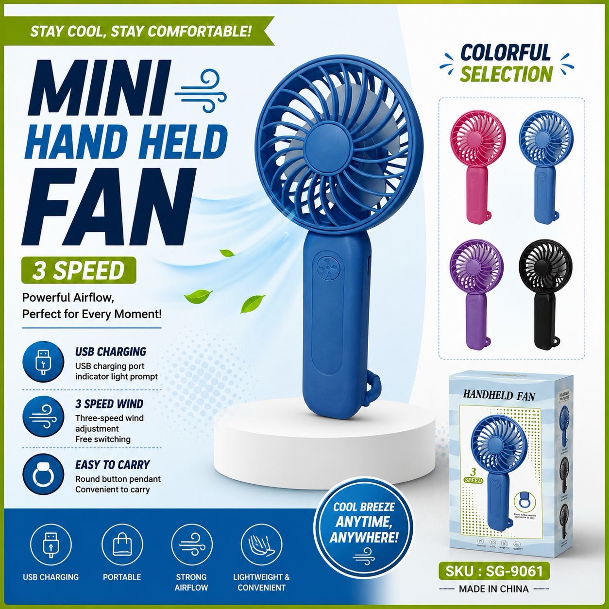 Hand Fan 3Speed USB-Charging 5V 0.5-1A SG-9061 8x16x5cm 100g