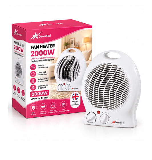 Denwood Fan Heater – White, 2000W, Side-by-Side Knobs, Adjustable Thermostat SKU DEGB2035 / 2035