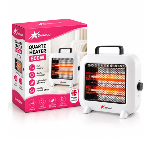 Denwud Quartz Heater – White, 2 Bar, 800W, Carry Handle SKU DEGB2041 / 2041