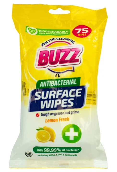 Buzz Biodegradable All Purpose Anti-Bac Wipes 75pk Lemon Fresh 324842