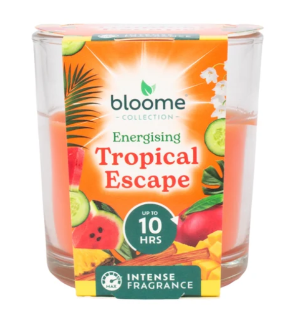 Bloome Glass Jar Candle for Home Fragrance Energising Tropical Escape 10 Hour Burn 95g Orange Wax SKU MW-5056683934878-PP