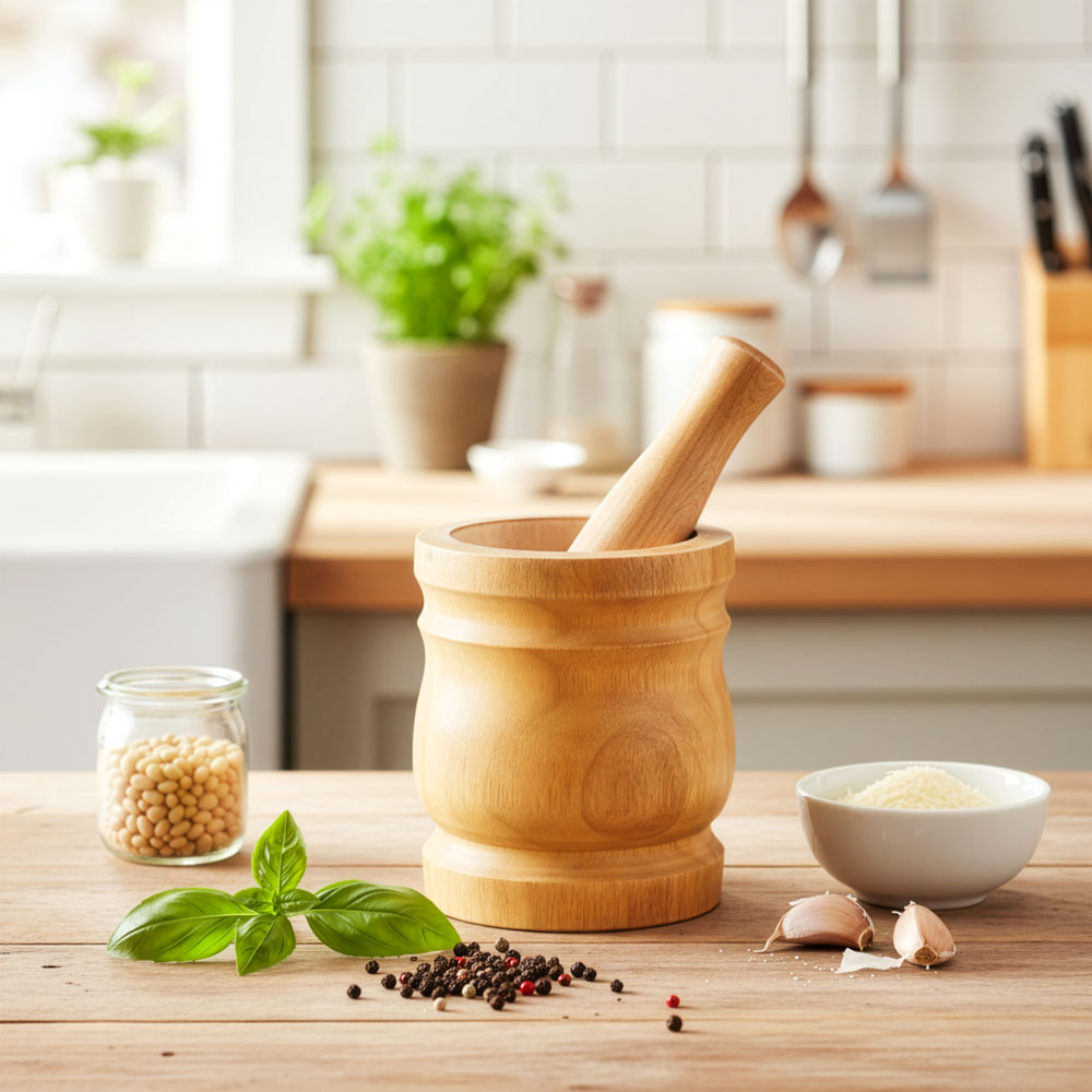 Durane Wooden Mortar & Pestle Large 15 x 18cm Light Wood 2709 (Parcel Rate)